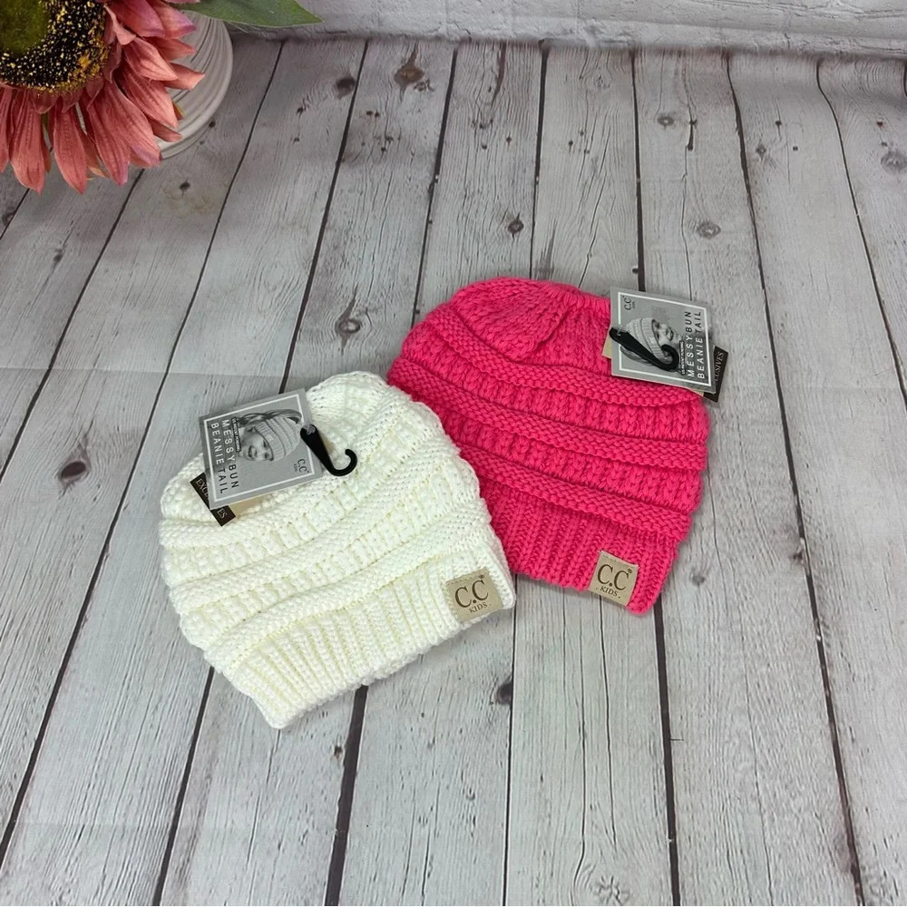 NWT Boutique C.C. crochet messy bun beanie tail kids ivory and new CD pink